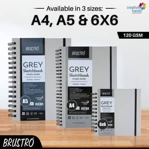 BRUSTRO Toned Paper - Grey Sketchbook | 120 GSM | 60 Sheets/120 Pages |Wiro Bound, Spiral, Drawing, Sketching, Acid-free Paper, Dry media, Mandala Art, Graphite, Charcoal, Colour pencils, Gel pens