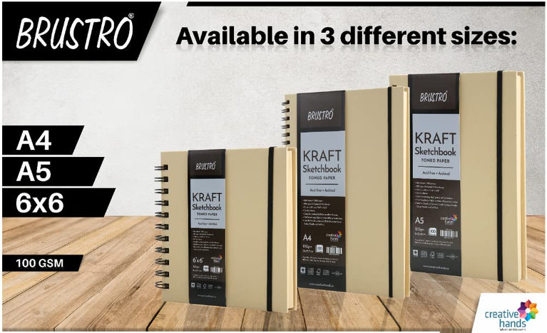 BRUSTRO Toned Paper - Kraft Sketchbook |100 GSM | 100 Sheets/200 Pages |Wiro Bound, Spiral, Premium,Acid-free Paper, Ideal for Dry media, Mandala Art, Graphite, Charcoal, Colour pencils, Gel pens