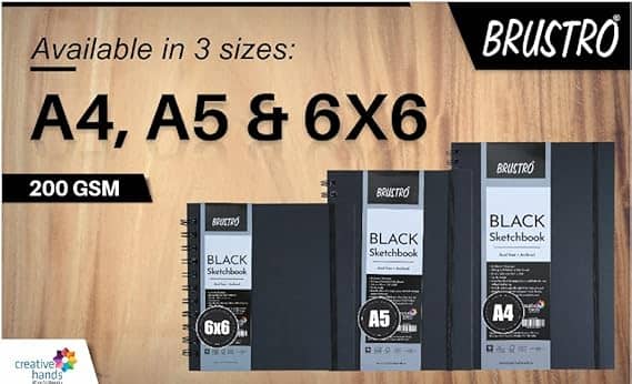 Brustro Black Sketchbook |200GSM | 40 Sheets/80 Pages | Wiro Bound, Spiral, Premium, Acid-Free Paper, Professional-Grade, Ideal for Dry Media, Mandala Art, Graphite, Charcoal