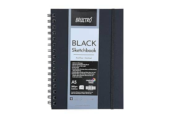 Brustro Black Sketchbook |200GSM | 40 Sheets/80 Pages | Wiro Bound, Spiral, Premium, Acid-Free Paper, Professional-Grade, Ideal for Dry Media, Mandala Art, Graphite, Charcoal