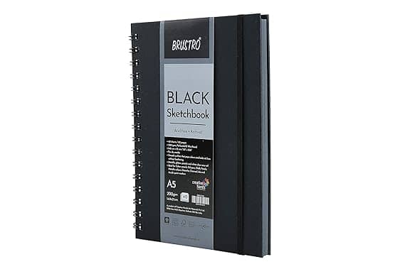 Brustro Black Sketchbook |200GSM | 40 Sheets/80 Pages | Wiro Bound, Spiral, Premium, Acid-Free Paper, Professional-Grade, Ideal for Dry Media, Mandala Art, Graphite, Charcoal