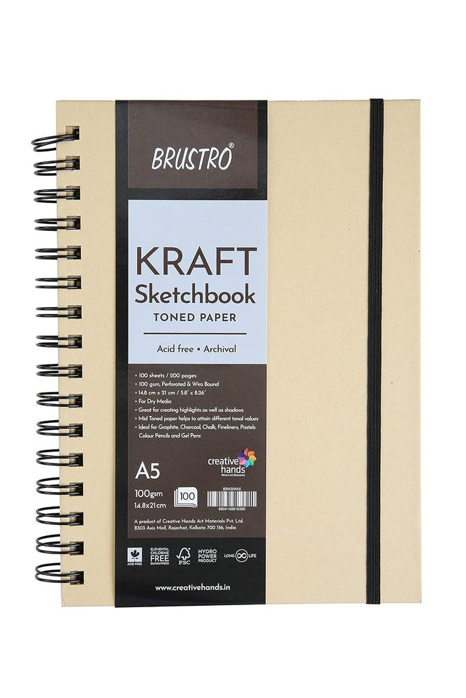 BRUSTRO Toned Paper - Kraft Sketchbook |100 GSM | 100 Sheets/200 Pages |Wiro Bound, Spiral, Premium,Acid-free Paper, Ideal for Dry media, Mandala Art, Graphite, Charcoal, Colour pencils, Gel pens