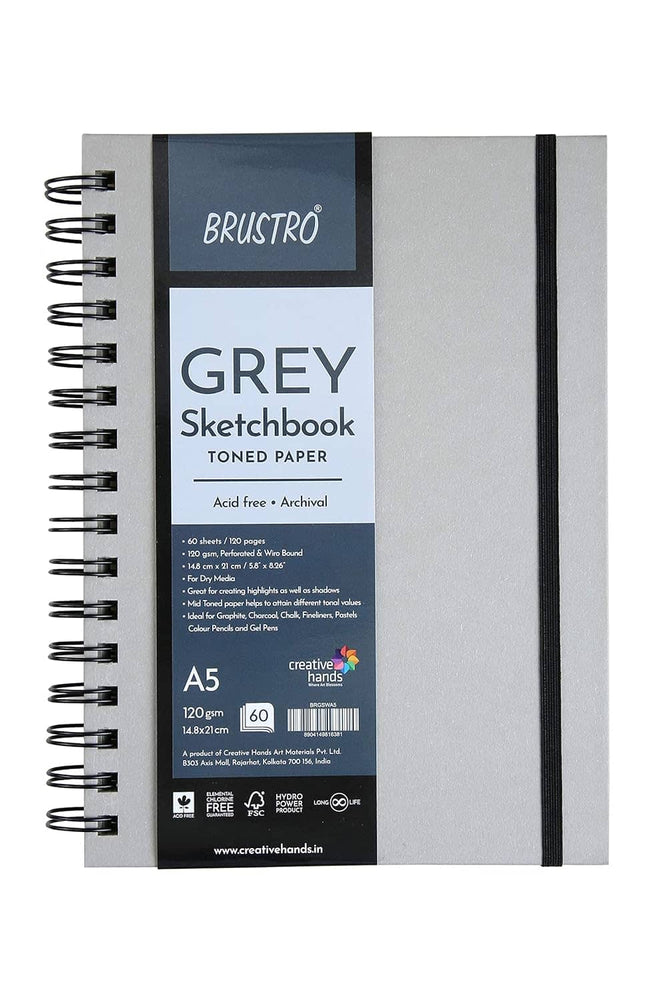 BRUSTRO Toned Paper - Grey Sketchbook | 120 GSM | 60 Sheets/120 Pages |Wiro Bound, Spiral, Drawing, Sketching, Acid-free Paper, Dry media, Mandala Art, Graphite, Charcoal, Colour pencils, Gel pens