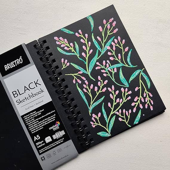 Brustro Black Sketchbook |200GSM | 40 Sheets/80 Pages | Wiro Bound, Spiral, Premium, Acid-Free Paper, Professional-Grade, Ideal for Dry Media, Mandala Art, Graphite, Charcoal