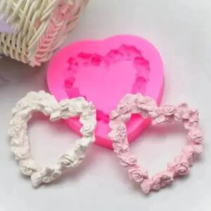 Rose In Heart Shaped Border Frame Silicone Mould 7cm
