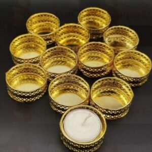 Metal Tealight Candle Holder Stands – Set of 12 | Round Diya Holders for Pooja Thali Decoration