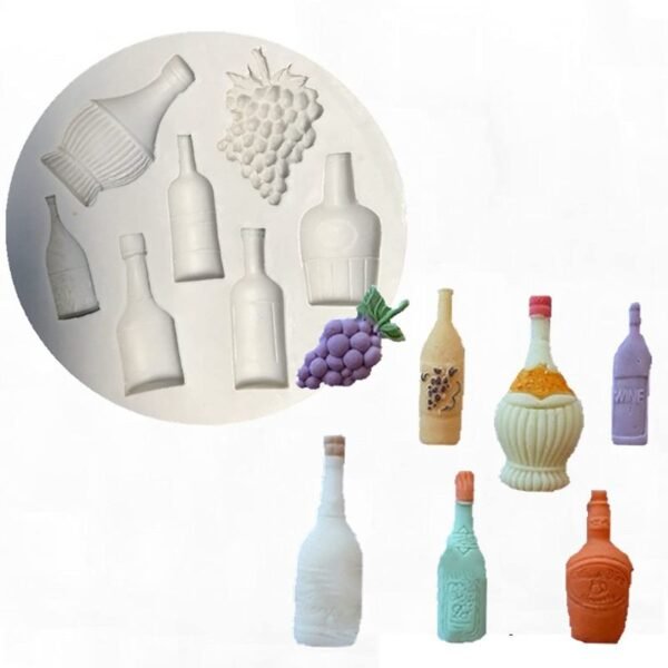 Wine Bottle & Grapes Mould - 7 Cavity Silicone Mould | Cavities 3.4 to 3.7cm | For Chocolate, Fondant, Soap & Resin 12 387 4