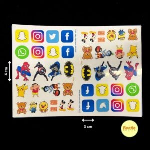 A4 Sheet of Cartoon & Social Media Logo Stickers (3-4cm) | Fun & Colourful Decals