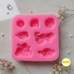 Rose with Leaf Silicone Mould – 7 Cavity | Mixed Size Floral Detailing